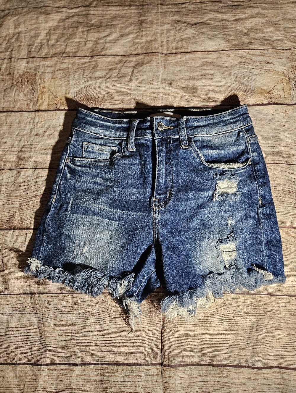 Flying monkey blue distressed raw hem high waisted jean shorts